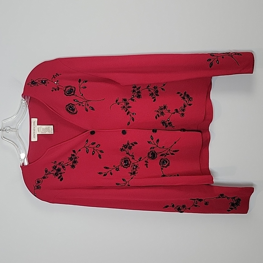 Jones New York Red Black Holiday Embroidered Floral Cardigan Sweater Size Medium